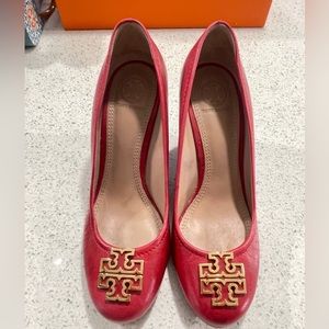 Tory Burch red Gold logo heel Leather wedges size 6